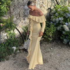 Mia Muse Women's Dresses Spring Princess Style Plain Long Sleeve Off Shoulder Flounce Side Slit Full Length Anniversary Dresses voguable