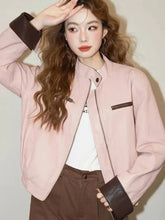 Pink Vintage Biker Pu Jacket Women Long Sleeve American Casual Y2K Coat Fall Winter Moto Female O Neck Streetwear Retro Top voguable