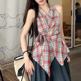 Voguable French Plaid Women T Shirt V Neck Lace Up Vintage Sleeveless Patchwork Female Tees Retro Casual Off Shoulder Simple Tops New voguable