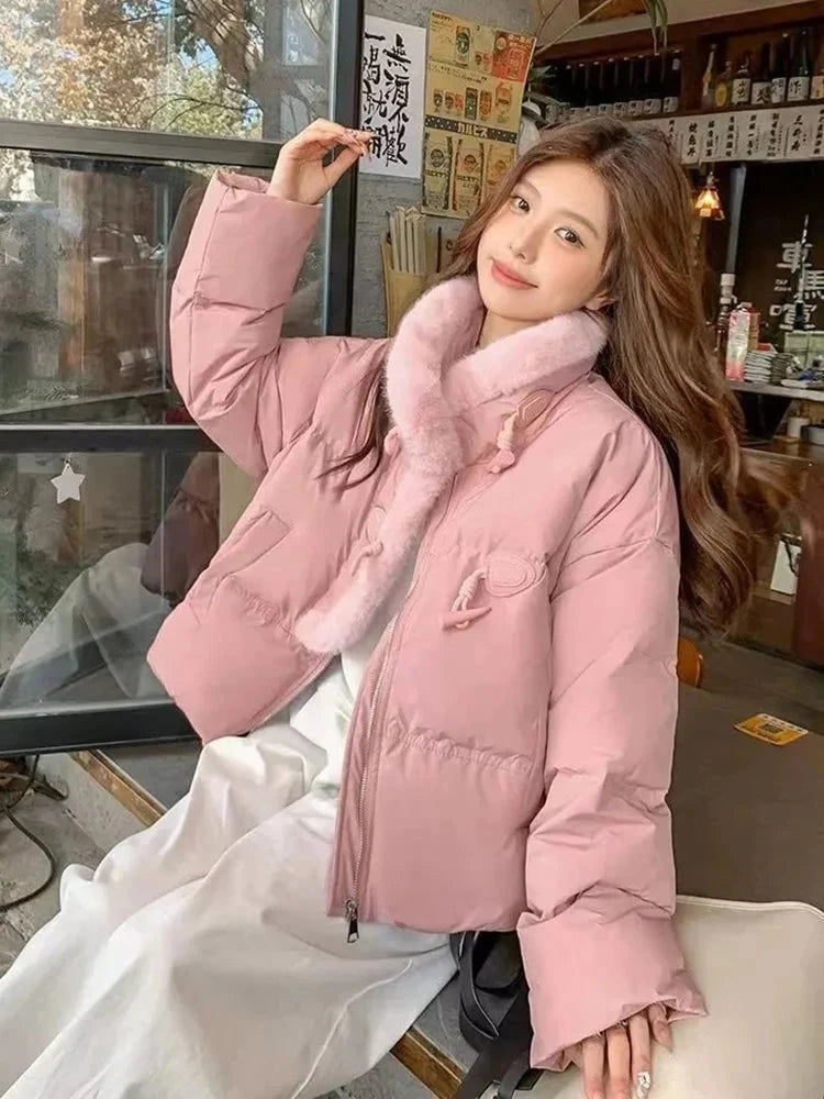 Winter Korean Pink Parkas Women Sweet Long Sleeve Warm Thick Cotton Coat Casual Stand Collar Preppy Style Lady Cute Jacket voguable