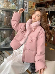 Winter Korean Pink Parkas Women Sweet Long Sleeve Warm Thick Cotton Coat Casual Stand Collar Preppy Style Lady Cute Jacket voguable
