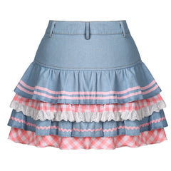Y2k Kawaii Denim Skirt Mini Party Sweet Ball Gown Aesthetic High Waist Skirts 4 Layer Ruffle Cake Skirts E Girls Summer Skater voguable