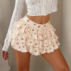 Women's Skirts 2025 Summer Hotsweet Ditsy Floral Mini High Waist A-Line Layered Dating Skirts voguable