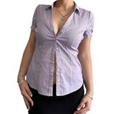 Women s Striped Short Sleeve Shirt with Turn Down Collar and Button Down Detail - Stylish Summer Blouse for Casual Streetwear voguable