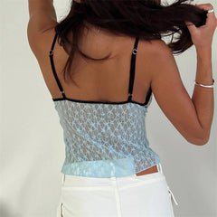 y2k Tops for Women Aesthetic See Through Floral Lace Spaghetti Strap Sleeveless Camisole 2000s Clothing Streetwear voguable