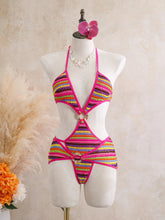 Voguable Ribbed Stripe One Piece Bathing Suit Textured Fabric Halter String Bikini Two Metal Ring Hollow Out Cross High Leg Swimsuit voguable