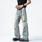 Men Straight Leg Vintage Blue Washed Denim Jeans Casual Ripped Distressed Trousers Classic Retro Style Comfortable Streetwear voguable