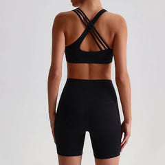 Voguable Solid Color High Waist Gym Yoga Short Legging Set Tight Women Cross Back High Impact Shoulder Strap Fitness Bra Top Sportwear voguable