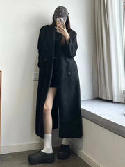Black Faux Wool Jacket Women Winter Thick Warm Double Breasted Long Coat Y2K Female Korean Elegant Hepburn Style Blend Outerwear voguable