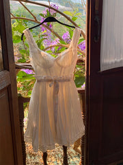 Voguable Summer White French Vintage Dress Women Lace Ruffles Kawaii Sweet Mini Dress Female Ruched Bandage Korean Fashion Strap Dress voguable