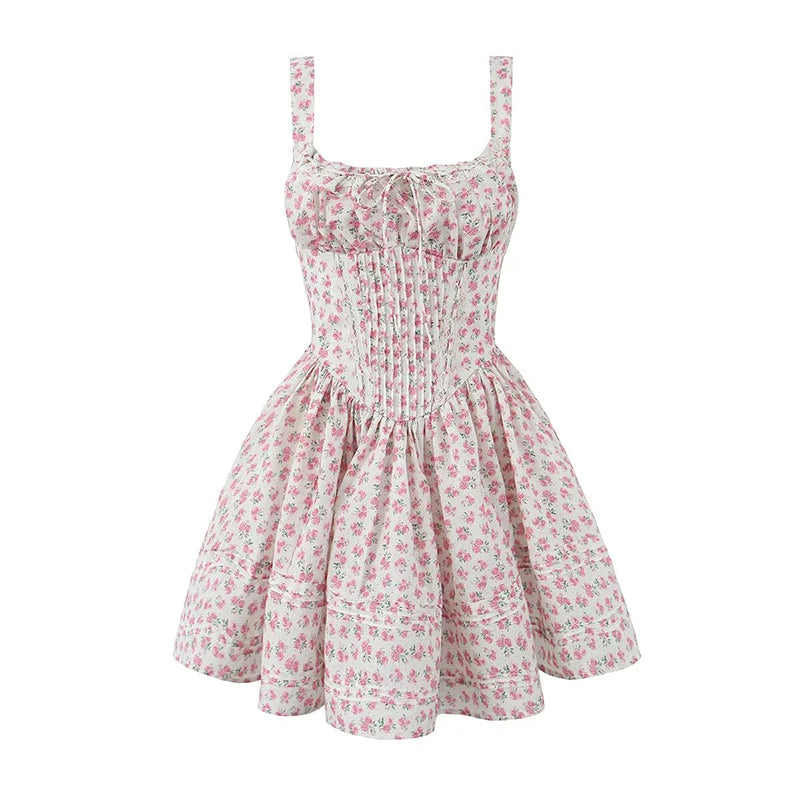 Sexy Elegant Women Lace Trim Floral Print Mini Dress Low Waist Square Neck Female Summer Party Dress Holiday Robe