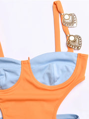 Metal Shell Spaghetti Strap Women Dress Orange Patchwork Hollow Out Maxi Dress Female Skinny Elegant Party Clubwear voguable