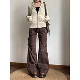 Brown Spliced High Rise Flare Jeans for Women Streetwear Y2K Aesthetic Cargo Jean Pants Vintage Denim Trousers Grunge Fairycore voguable