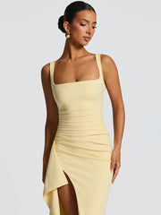 Elegant Spaghetti Strap Sexy Maxi Dress Women Gown Fashion Sleeveless Backless Thigh High Split Draped Club Long Dress voguable