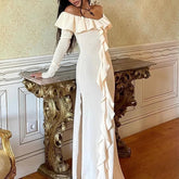 Mia Muse Women's Dresses Spring Princess Style Plain Long Sleeve Off Shoulder Flounce Side Slit Full Length Anniversary Dresses voguable