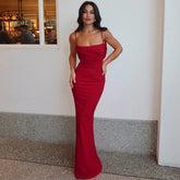 Spaghetti Strap Backless Sexy Maxi Dress Women Gown Summer New Fashion Solid High Waist Evening Beach Club Long Dress voguable