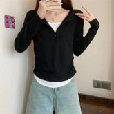 Long Sleeve T Shirt Women Fashion Fake Two Pieces Patchwork Basic Slim Zipper Slimming Bottoming Shirt Retro Red Casual T-shirt voguable