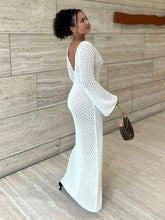 White Knit Fashion Cover up Maxi Dress Female See-Through V-Neck Hollow Out Beach Holiday Dress Knitwear Backless Dress voguable