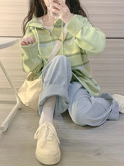 Y2k Aesthetic Stripe Hoodes Cardigans Double Zipper Women Casual Knitwear Harajuku Ladies Jacket Vintage Loose Grunge Sweater voguable