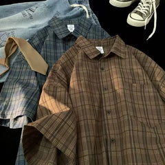 Japanese Vintage Plaid Short Sleeve Shirt Men's Streetwear Loose Fit Casual Stylish Versatile Half Sleeve Underwear voguable
