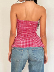 Y2k Red Gingham Crop Top Womean Sexy Strapless Ruffle Hem Sleeveless Button Cami Coquette Aesthetic Plaid Print Crop Top Summer voguable