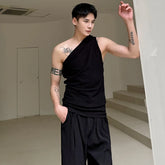 Voguable Personalized Trendy Slant Shoulder Slim Fit Sleeveless Vests Original Plain Men's Street Tank Tops voguable