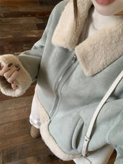 Faux Suede Lamb Jackets Women Winter Warm Thick Sweet Cute Short Coat Korean Vintage Loose Long Sleeve Preppy Style Tops voguable