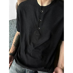 Henley Collar Summer Men Short Sleeve T-Shirt Waffle Button Casual Solid Color T Shirts Loose Comfortable Breathable Beach Tops voguable