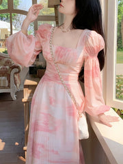 Voguable Chiffon Long Sleeve Floral Midi Dress Chic French Slim Elegant Women Dress Casual Fashion Beach Style Office Lady Dresses voguable