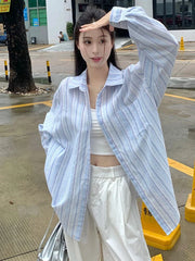 Sweet Casual Women Striped Shirts Loose Long Sleeve Vintage Cotton Linen Sun Proof Blouse Korean Preppy Style Letter Retro Tops voguable