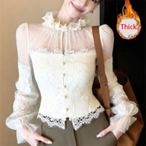 Voguable Sexy Lace Patchwork Shirts Women Long Sleeve Slim Fit Ruffles Stand Collar Blouse Chic Button Thick Polka Dots Office Lady Tops voguable