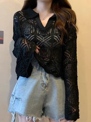 Voguable Sexy Hollow Out Women Knitted Crop Tops Fashion Korean Flare Sleeve Pullover Sweater Fall Casual Female Tops New voguable