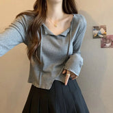 Voguable Autumn Winter French Clavicle V-neck Inner Long-sleeved Knitted Base Shirt for Women's Chic Slim Short Top voguable