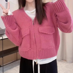 Women's Zip Up Knit Cardigan with Pocket V-neck Zipper Front Crop Sweater Jacket Female Teen-girl Autumn Winter Y2K Outfit voguable