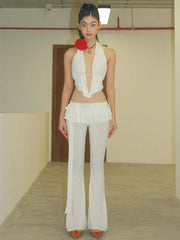 Voguable Solid Bow Lacing Patchwork Double Layer Ruffles Flare Pants Women Mid Rise Slim Trousers Hottie Y2K Fashion Streetwear voguable