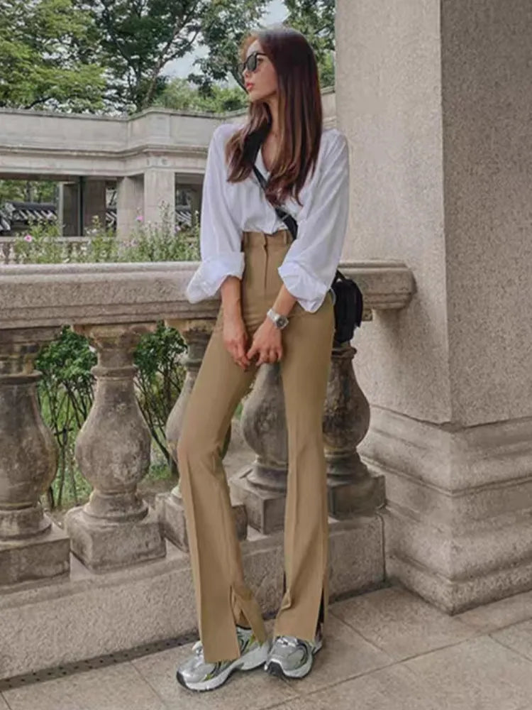 Voguable  Spring High Waist Slim Side Cuff Slit Flare Pants Women Trousers Package Hips Stretch Pants Khaki Black voguable