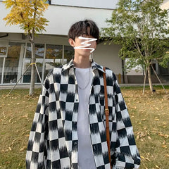Checkerboard Shirt Men's Long-sleeved Trendy Handsome Large Size Shirt Versatile Casual Jacket voguable