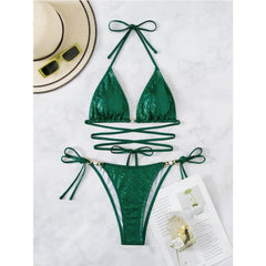 Voguable Green Shiny Bikini Women 2-piece Low Waist Swimsuit Sexy Triangle Cup Suspender Backless Bathing Suit Summer Beach Swimwear voguable