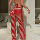 Voguable Women 3 Pieces Striped Crochet Knit Halter Triangle Bikini Set with Gold Metal Matching Drawstring Waist Cover Up Pants Swimwear voguable