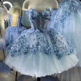Glittering 3D Flowers Ball Gown Short Quinceanera Dresses Sweetheart Sleeveless Prom Party Dress Lace Corset Evening Dress voguable
