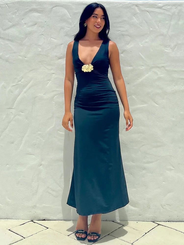 Elegant Deep V Neck Front Gold Clasp Sexy Maxi Dress For Women Black Gown Sleeveless Slim Fit Long Tank Dress Elegant voguable