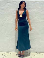 Elegant Deep V Neck Front Gold Clasp Sexy Maxi Dress For Women Black Gown Sleeveless Slim Fit Long Tank Dress Elegant voguable