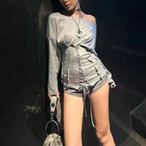 Voguable Y2K Tshirt Off Shoulder Top Outfit Fashion Sloping Shoulder Long Sleeved Waist Cinching Strap Design Streetwear voguable