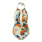 Tie Waist Floral One-piece Swimsuit Women Sexy Backless Halter Monokini Swimwear New Girl Beach Bathing Suits voguable