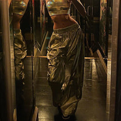 Fashionable Windproof Women's Pants Autumn Silver Elastic Waist Loose Straight Leg Slimming Y2K Wide Leg Pants voguable