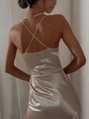 Fashion Sleeveless Backless Camisole Women's Long Dress Solid Color V-neck Slit Vestidos Ladies Elegant Evening Party Gown