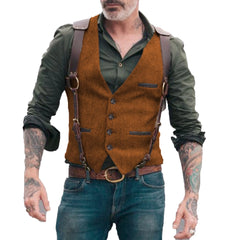 Men's Vests Men Brown Waistcoat Vest Man Steampunk Jacket Striped Tweed V-neck Slim Fit Gilet Wedding Clothing voguable