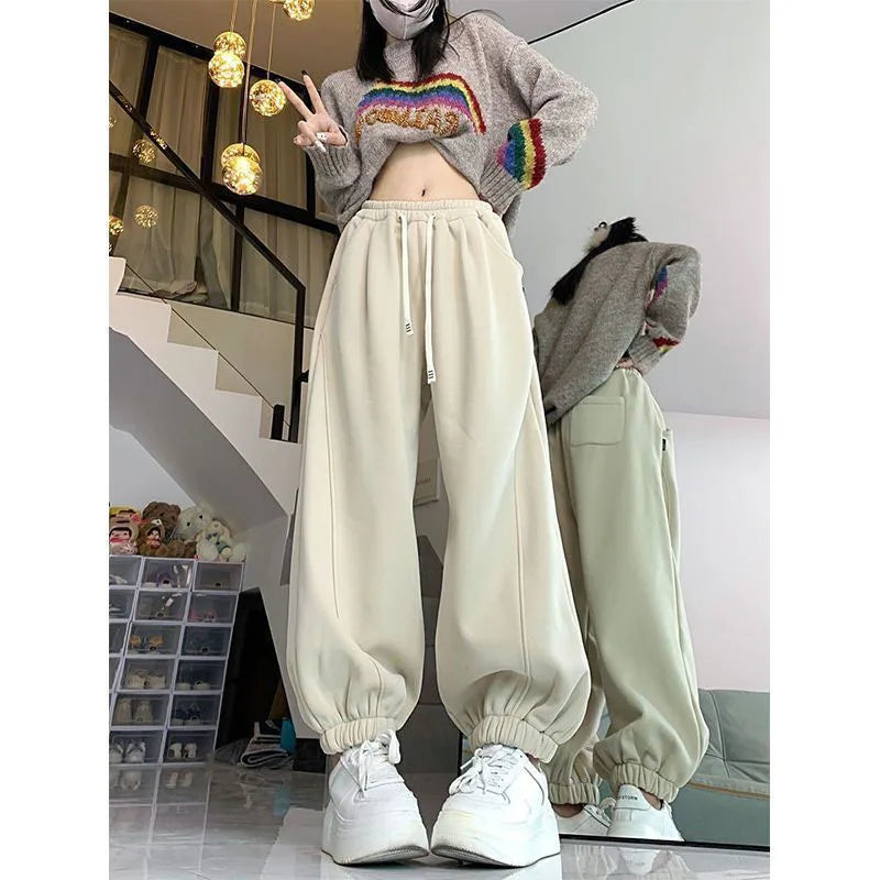 Sports Sweatpants Women Winter New High Waist Thermal Plus Fleece Wide Leg Drawstring Casual Elastic Waist All-match Trousers voguable