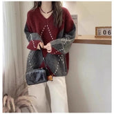 Voguable Contrasting Diamond Plaid Wool Sweater Autumn Winter Women's Lazy Comfortable Sweater Soft Top voguable