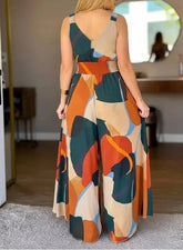 Voguable Abstract Print V-Neck Stretchy Thick Straps High Waist Backless Overalls Casual Shirred Waist Cinched Waist Wide Leg Jumpsuit voguable